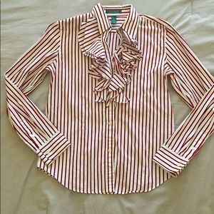 Ralph Lauren Red and White Striped Ruffled Blouse